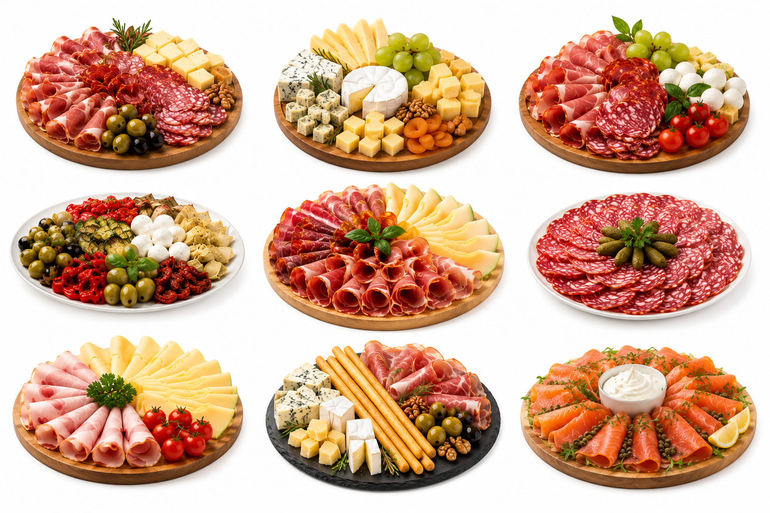 Zbirka različnih narezkov – mesni, sirni, ribji, piščančji in antipasti pladenj